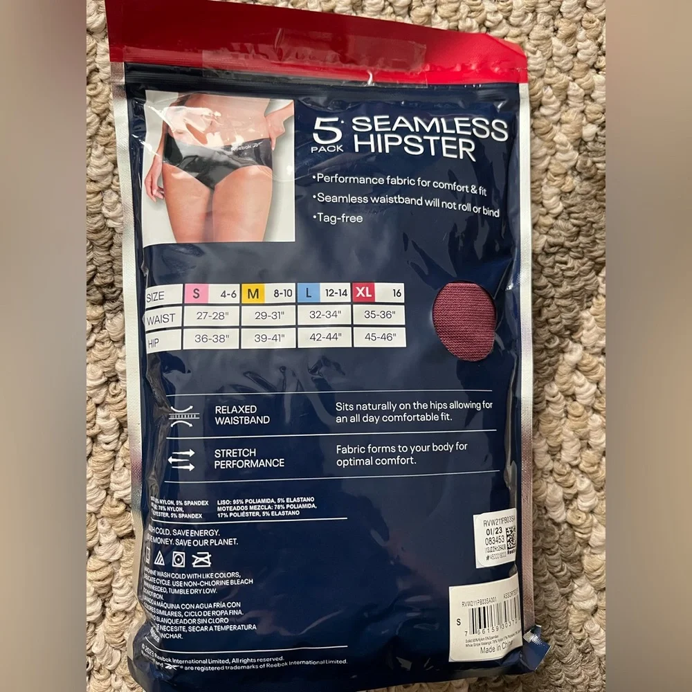 Reebok Seamless Hipster Underwear 5 Pk Black, Gray, White, Burgundy Pink Sm 4/6
